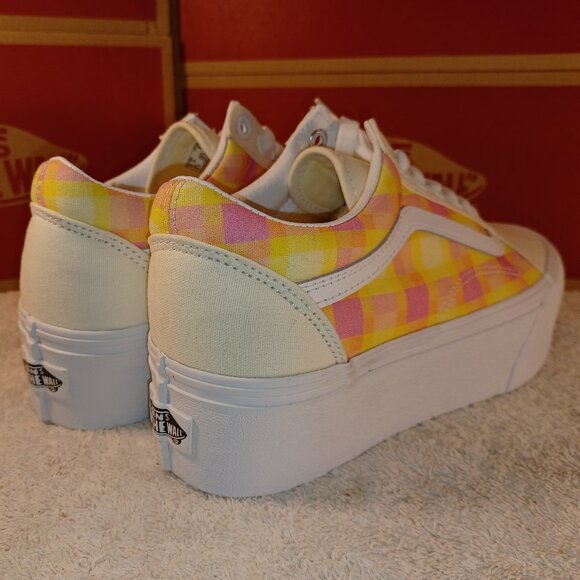 VANS Men's 6.5/Women's 8 Old Skool Stackform Platform Pastel Picnic Pink Plaid - Picture 2 of 13